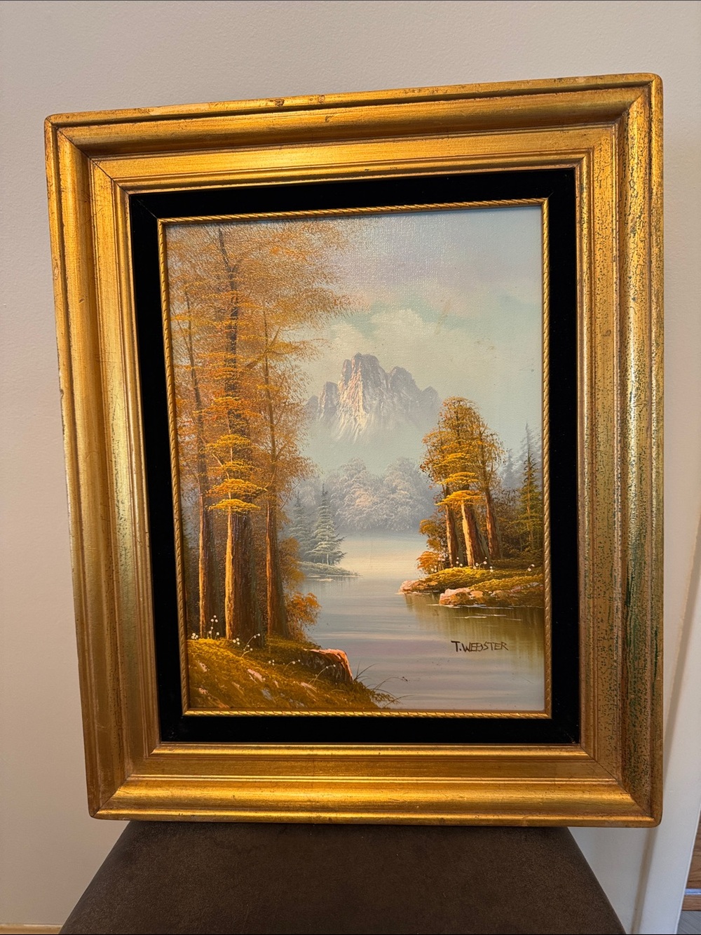 T. Webster Autumn Lake Landscape in Gold Frame